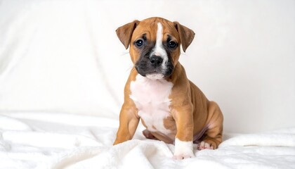 Adorable Boxer Puppy Sitting on White Blanket Looking at Camera.