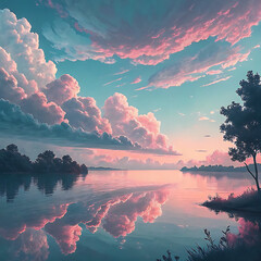 Soft Pastel Pink and Blue Sky with Glitch Clouds Reflected on Water, Ai Generated
