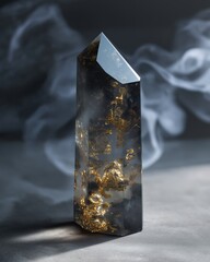 Smoky Obsidian Crystal Tower with Gold Flecks and Misty Background