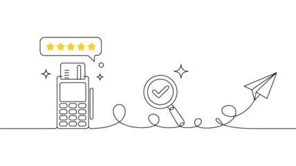 White Line Art of Payment Terminal with Stars Magnifying Glass and Paper Airplane illustration