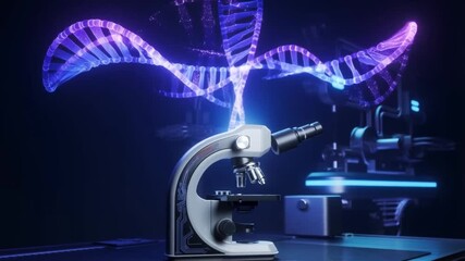 A futuristic cyberpunk microscope with a holographic dna display and neon purple lighting on a dark sci fi background concept of advanced genetic engineering and technology - Powered by Adobe