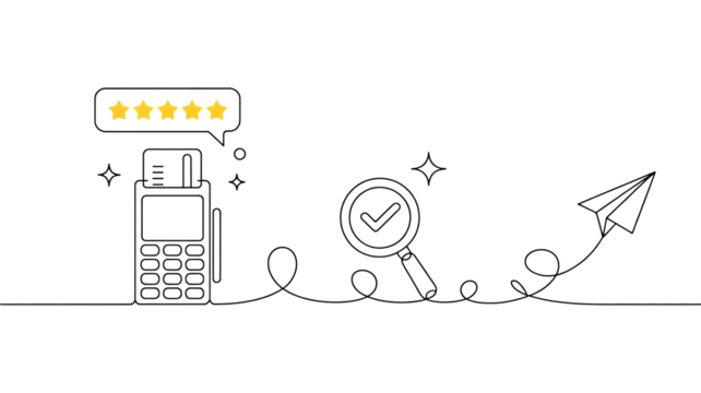 White Line Art of Payment Terminal with Stars Magnifying Glass and Paper Airplane illustration