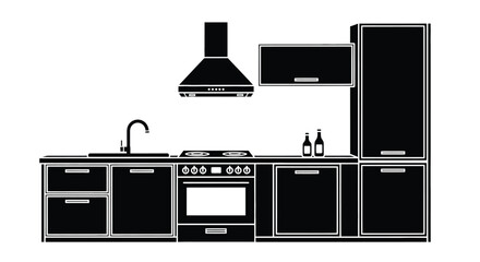 Kitchen interior design illustration black and white silhouette