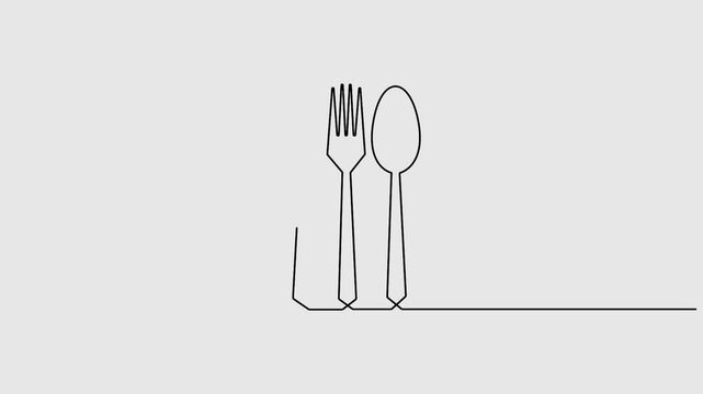 Video. Spoon, fork and knife continuous one line cutlery pattern for logos, business cards, banners. Full length one line art 4K animation 