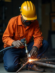 Industrial worker welding metal pipe with protective gear