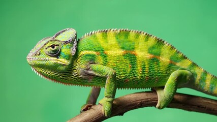 Green chameleon perched on a branch against a solid green background in a studio setting chameleon green screen video - Powered by Adobe