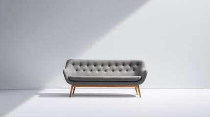 residential. A modern gray sofa against a white wall, embodying contemporary interior design and comfort. real-estate listings.