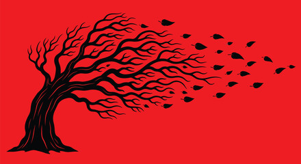 Illustration of a windblown tree with flying leaves in black and white