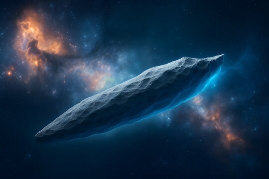 A long asteroid floats in space surrounded by blue and orange nebulae and distant stars 3i/atlas interstellar comet, asteroid in space