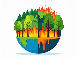Illustration of Earth with burning forests, showing the devastating impact of global warming and climate change. A powerful reminder to protect our planet and stop deforestation