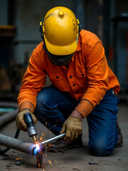 Industrial worker welding metal pipe with protective gear
