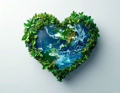 Heart-shaped Earth wrapped in lush green vines, symbolizing environmental care, sustainability, and the planet’s natural fertility. A creative concept promoting ‘save the earth’ awareness