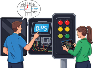 Traffic light control system, urban technology, coding interface, digital timer, schematic diagram, programming, electronics, teamwork, smart city, innovation