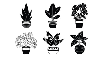 Black and white potted plants vector illustration home decor icon