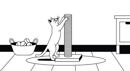 White cat using scratching post cartoon illustration for pet care