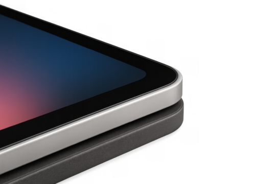 Tablet device resting on a reflective surface, displaying a vibrant screen with a blend of blue and pink hues