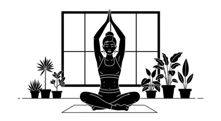 Woman meditating yoga pose indoor plants window black and white art