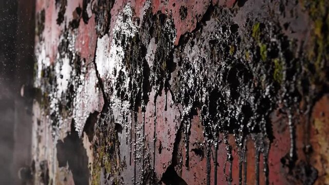 Abstract texture with water droplets and fluid effect on rusty metal surface, close-up view