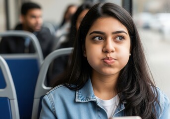 A young indian woman is riding a bus, looking thoughtful and contemplative while commuting in the city with other passengers around her