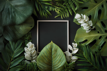 Tropical jungle leaves background with white square frame