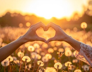 A hand forming a love symbol against a warm sunset glow, capturing emotion, connection, and romance with soft lighting and a peaceful evening atmosphere