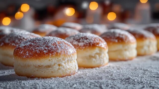Row of donuts dusted with powdered sugar, soft lights in the background