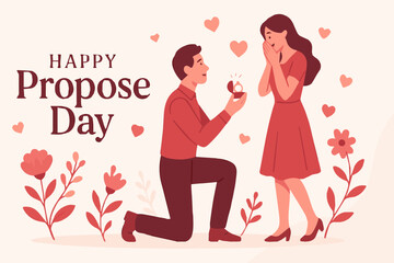 A romantic Propose Day celebration featuring an engaged couple sharing a heartfelt moment. The man lovingly proposes with a ring while the woman smiles with joy. Perfect for themes of love and romance