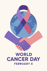 Modern flat vector illustration for World Cancer Day, featuring awareness ribbons, supportive people, and hopeful symbols promoting unity, prevention, and early detection. Ideal for health campaigns