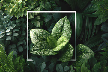 Tropical jungle leaves background with white square frame