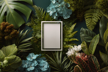 Tropical jungle leaves background with white square frame