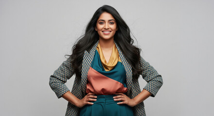 Confident Young Indian Woman Smiling Posing Hands on Hips