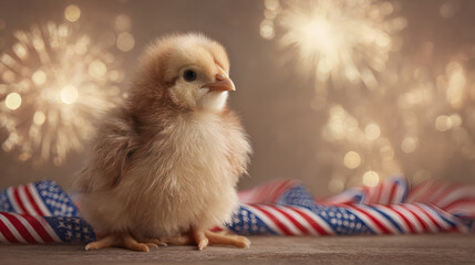Patriotic chick with fireworks and American flag ribbon.