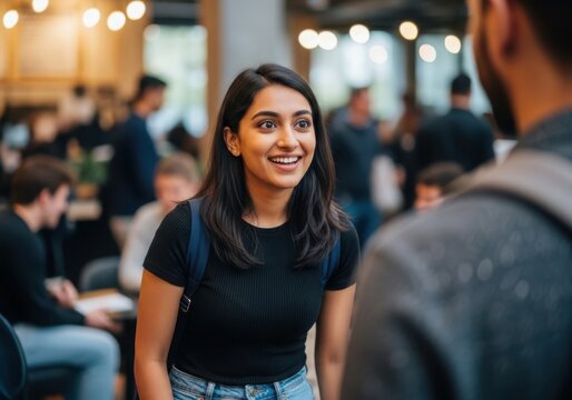 Smiling young woman in casual clothes talking to a friend in a busy cafe, enjoying a conversation and a social gathering with people - Powered by Adobe