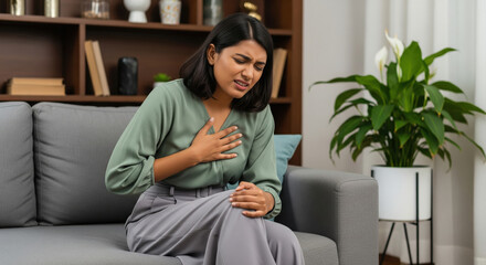 Young woman suffering from severe chest pain at home