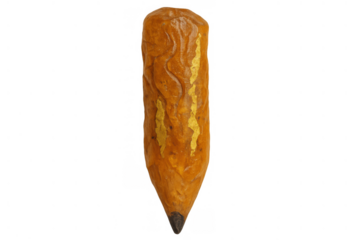 Hand carved wooden pencil with yellow details and graphite tip, representing creativity and artisan craft on transparent background
