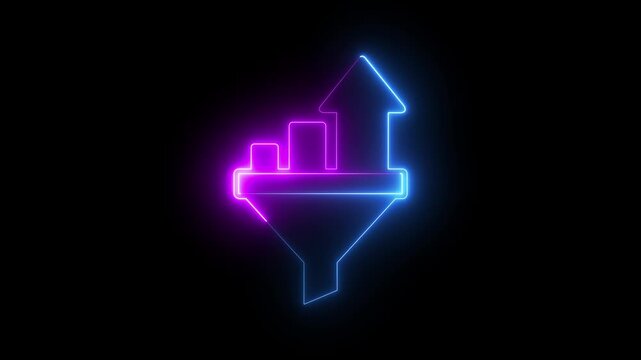 neon Sales funnel with chart for marketing and startup business icon isolated on black background. Business growth chart icon and funnel design. Funnel Icon Filter Leads, Achieve Business Growth.