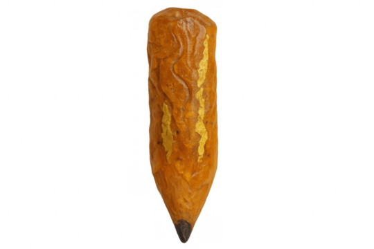 Hand carved wooden pencil with yellow details and graphite tip, representing creativity and artisan craft on transparent background