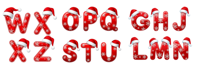 Red Alphabet Letters with Santa Hats & Snowflake Decorations – Christmas Typography  W, X, O, P, Q, G, H, J, Z, S, T, U, L, M, N, Clipart Set for Holiday Designs (PNG)