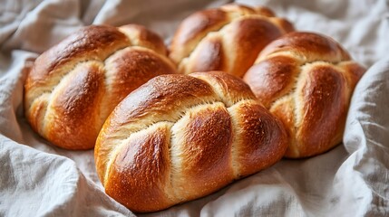 Three loafs of homemade round braided yeast bread on linen