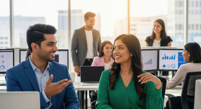 Happy Indian colleagues discuss business in a modern office