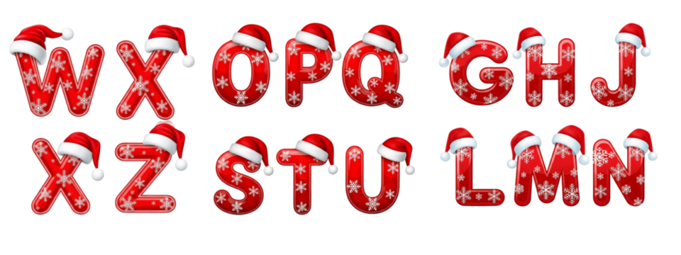 Red Alphabet Letters with Santa Hats & Snowflake Decorations – Christmas Typography W, X, O, P, Q, G, H, J, Z, S, T, U, L, M, N, Clipart Set for Holiday Designs (PNG) - Powered by Adobe