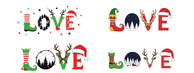 Festive graphic resources for the holidays. The image shows variations of the word "LOVE" styled with Christmas themes like elf outfits, reindeer antlers, and Santa hats.

