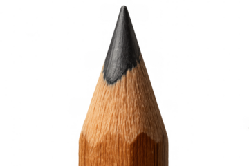 Sharpened pencil tip with graphite lead on transparent background, symbolizing creativity and education