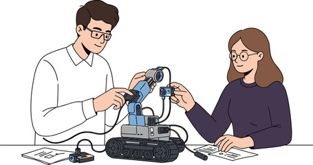 Robotics project, tracked robot, mechanical arm, sensor module, electronics workspace, STEM education, teamwork, innovation, coding, technology, development