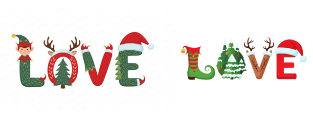 Festive graphic resources for the holidays. The image shows two variations of the word "LOVE" styled with Christmas themes like elf outfits, reindeer antlers, and Santa hats.


