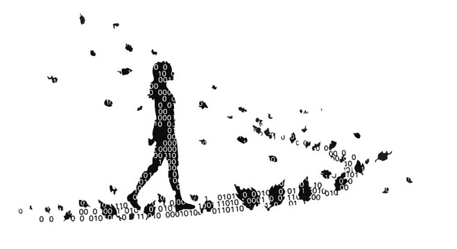 Woman's silhouette walking with a trail of falling leaves and binary code behind her.