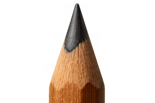 Sharpened pencil tip with graphite lead on transparent background, symbolizing creativity and education