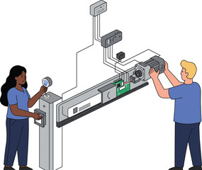 Automated gate system, RFID access, smart entry technology, electronics workspace, control panel, STEM education, innovation, sensors, teamwork, installation