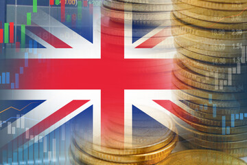 Stock market investment trading financial, coin and UK United Kingdom flag or Forex for analyze profit finance business trend data.