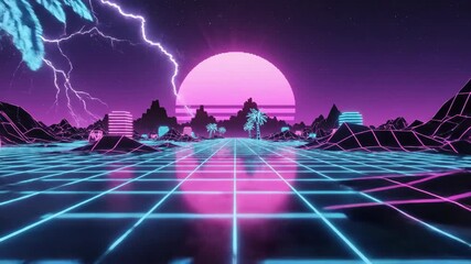 Neon sunset and palm tree landscape illustration with lightning - Powered by Adobe